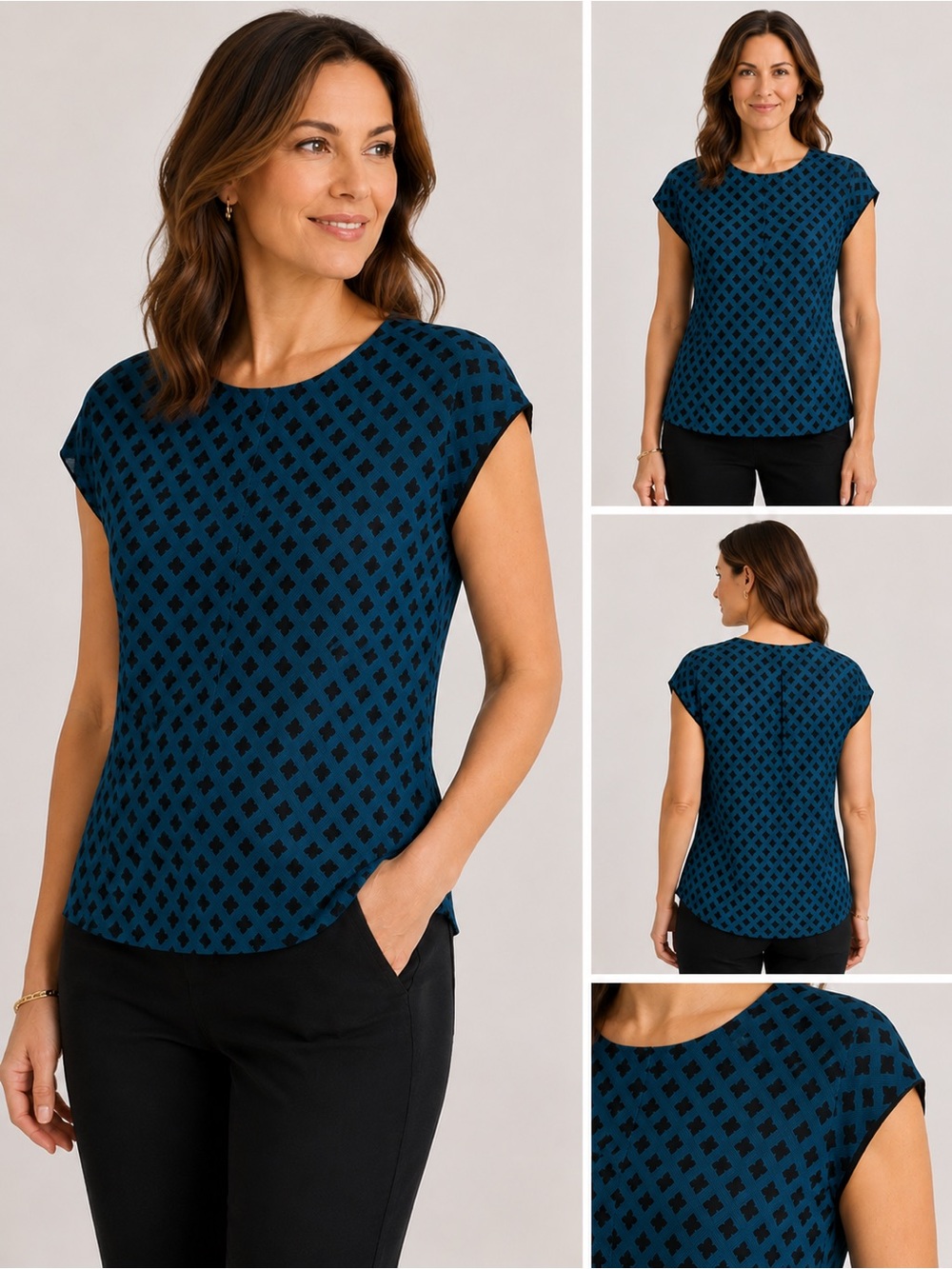 CAbi Blue and Black Geometric Blouse